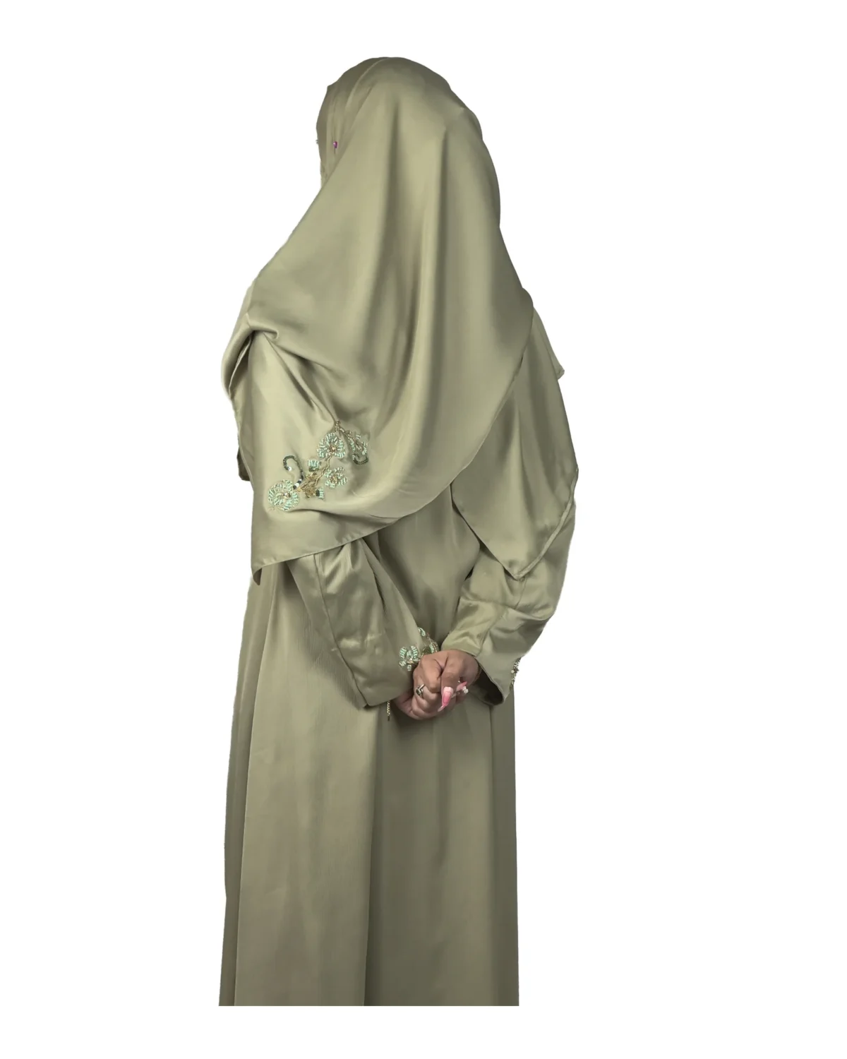 Sage Bloom sage green abaya side profile view with tone-on-tone floral vine embroidery