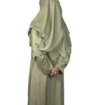 Sage Bloom sage green abaya side profile view with tone-on-tone floral vine embroidery