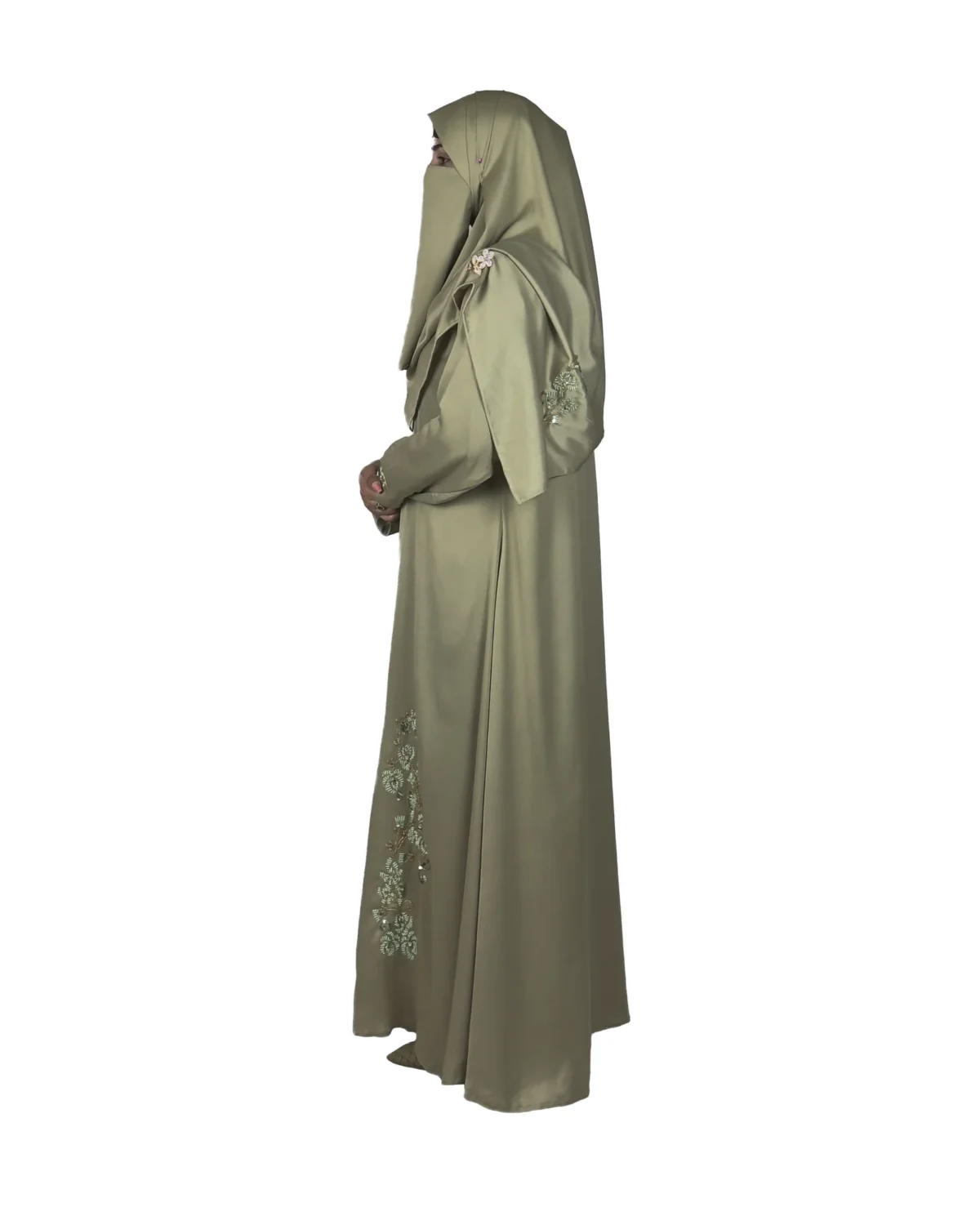 Sage Bloom sage green abaya side profile view with tone-on-tone floral vine embroidery