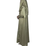 Sage Bloom sage green abaya side profile view with tone-on-tone floral vine embroidery