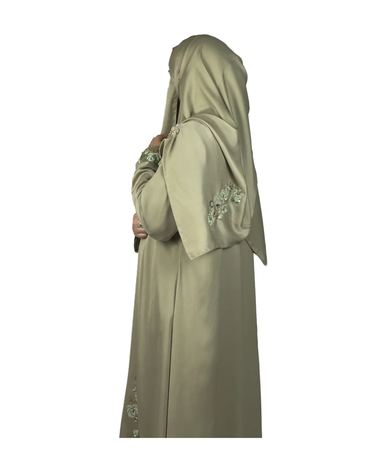 Sage Bloom sage green abaya front three-quarter view with tone-on-tone floral vine embroidery