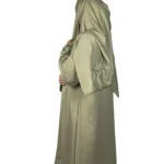 Sage Bloom sage green abaya front three-quarter view with tone-on-tone floral vine embroidery
