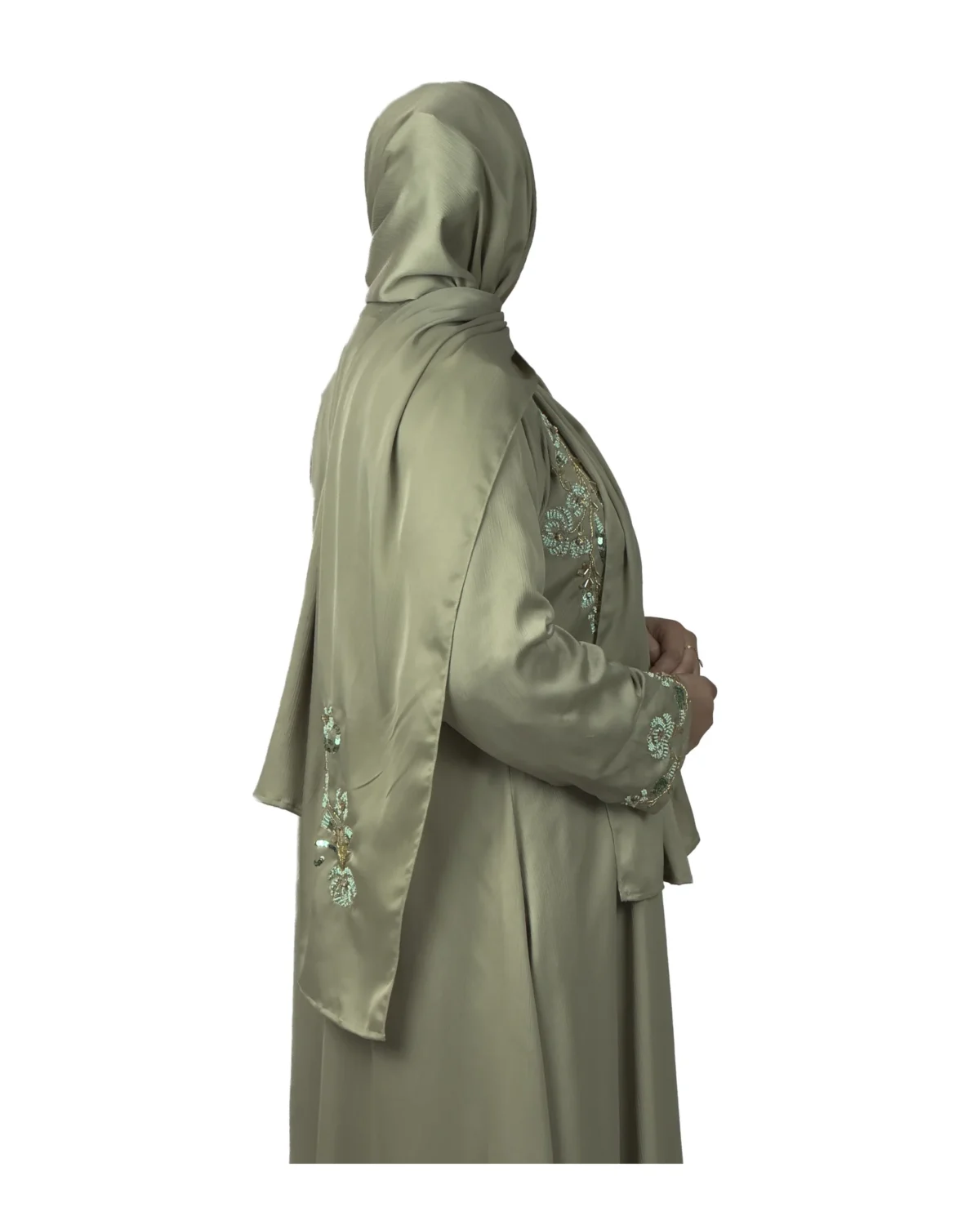 Sage Bloom sage green abaya front three-quarter view with tone-on-tone floral vine embroidery