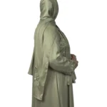 Sage Bloom sage green abaya front three-quarter view with tone-on-tone floral vine embroidery