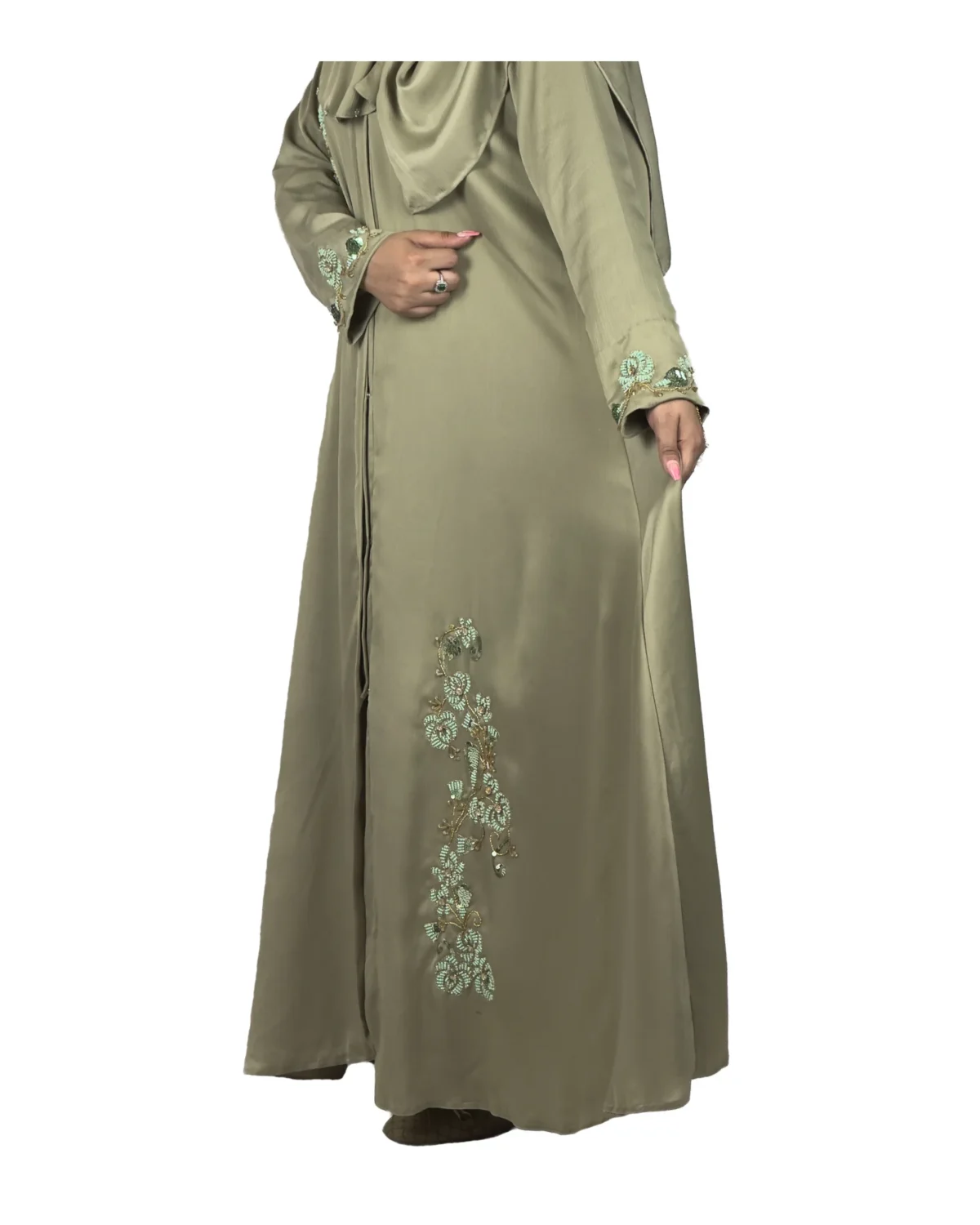 Sage Bloom sage green abaya front view with tone-on-tone floral vine embroidery