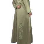 Sage Bloom sage green abaya front view with tone-on-tone floral vine embroidery