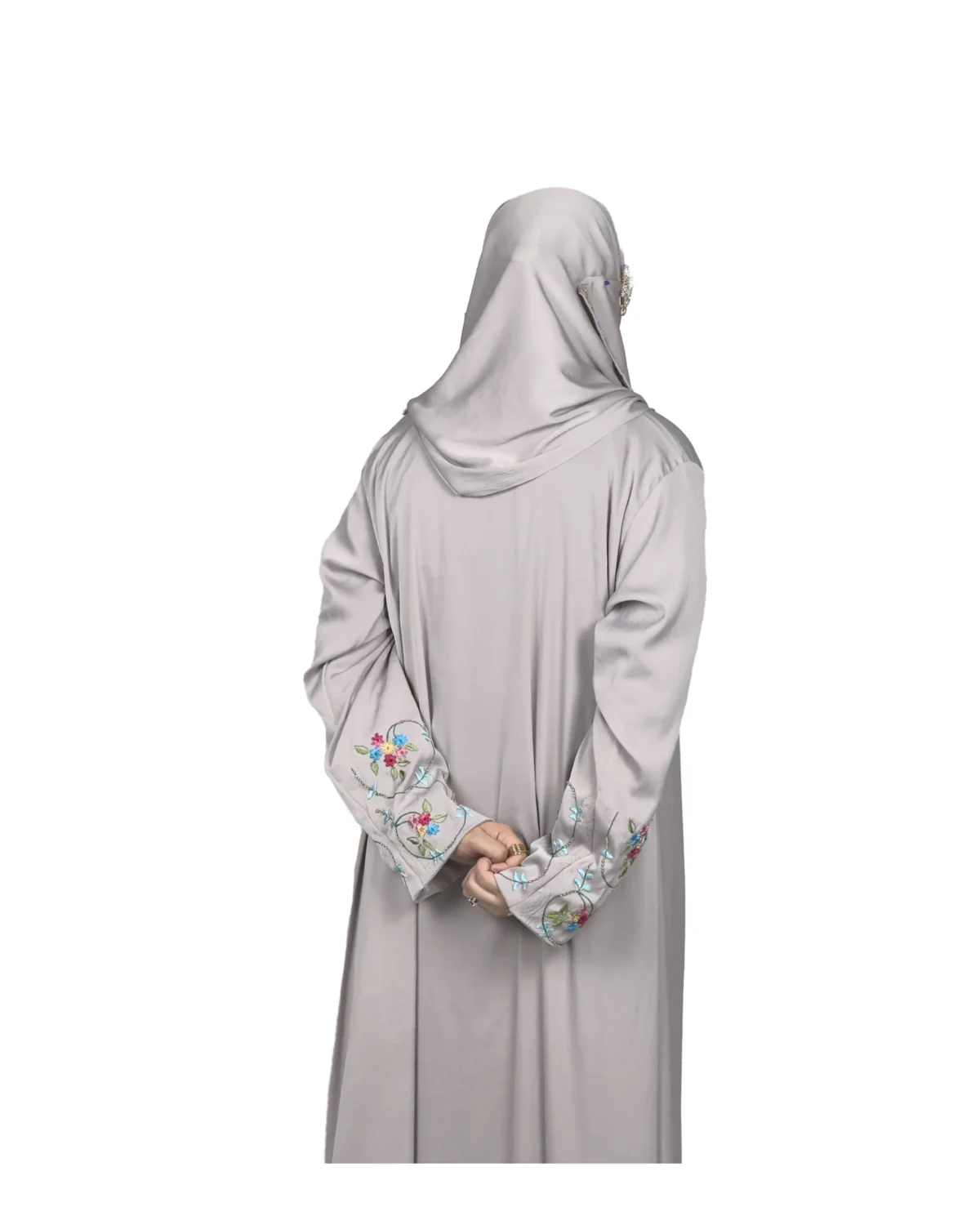 Silver Garden light silver-grey abaya back view with multicolour floral vine embroidery