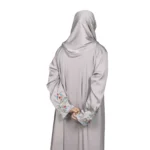 Silver Garden light silver-grey abaya back view with multicolour floral vine embroidery