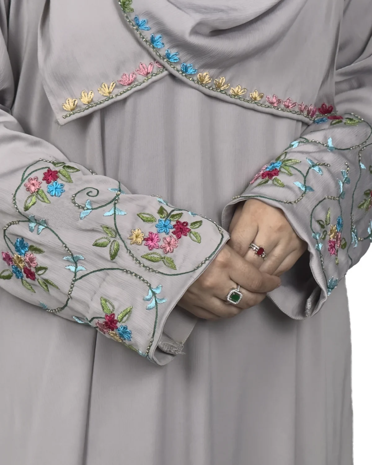Silver Garden light silver-grey abaya close-up of the multicolour floral vine embroidery on the cuff