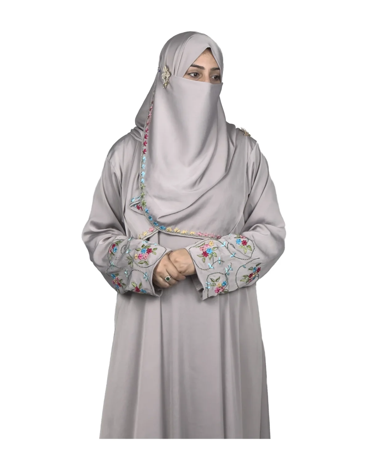 Silver Garden light silver-grey abaya front view with multicolour floral vine embroidery