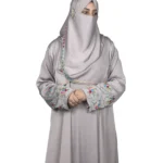 Silver Garden light silver-grey abaya front view with multicolour floral vine embroidery