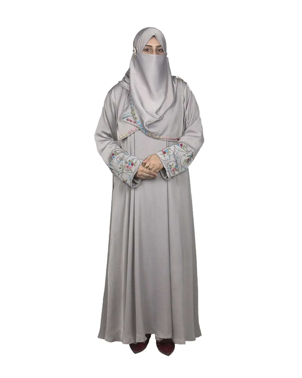 Silver Garden light silver-grey abaya front view with multicolour floral vine embroidery