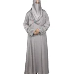 Silver Garden light silver-grey abaya front view with multicolour floral vine embroidery