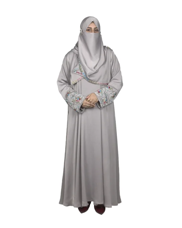 Silver Garden light silver-grey abaya front view with multicolour floral vine embroidery