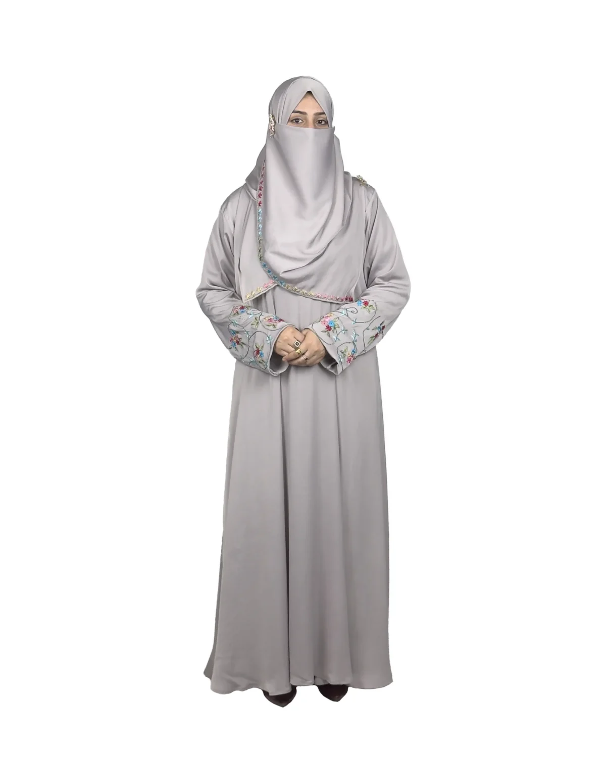Silver Garden light silver-grey abaya front view with multicolour floral vine embroidery