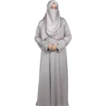 Silver Garden light silver-grey abaya front view with multicolour floral vine embroidery