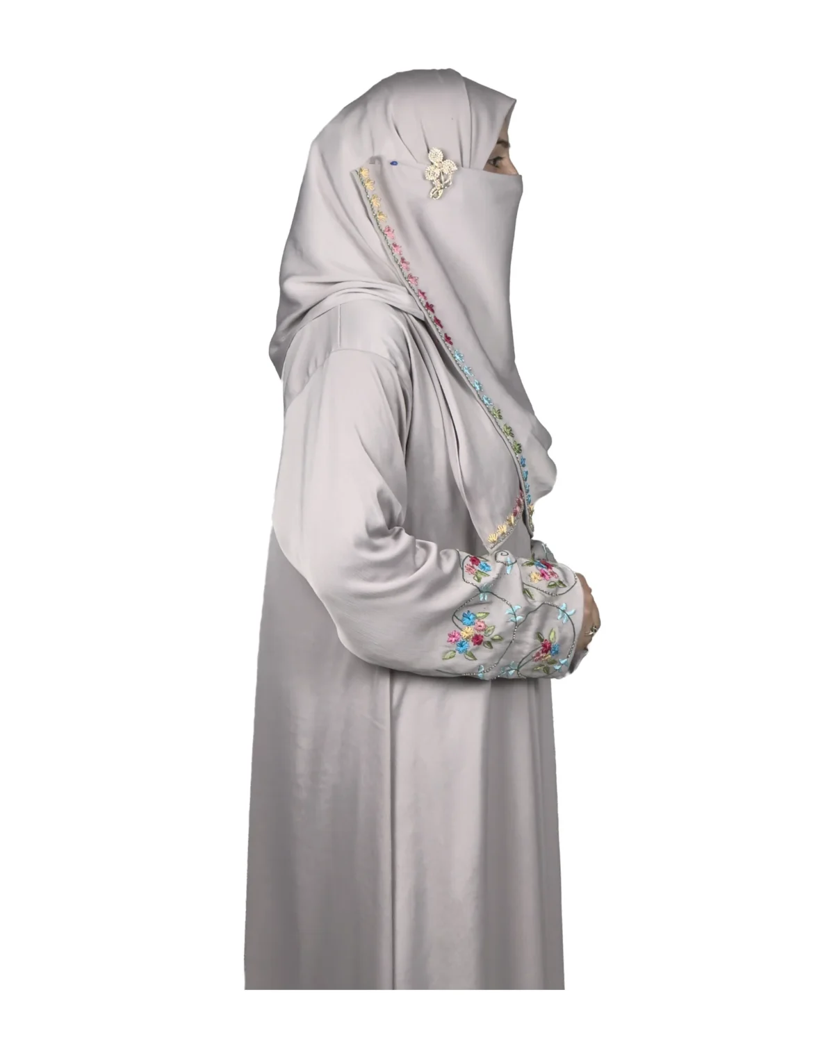 Silver Garden light silver-grey abaya side profile view with multicolour floral vine embroidery