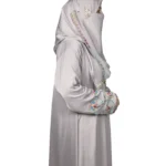 Silver Garden light silver-grey abaya side profile view with multicolour floral vine embroidery