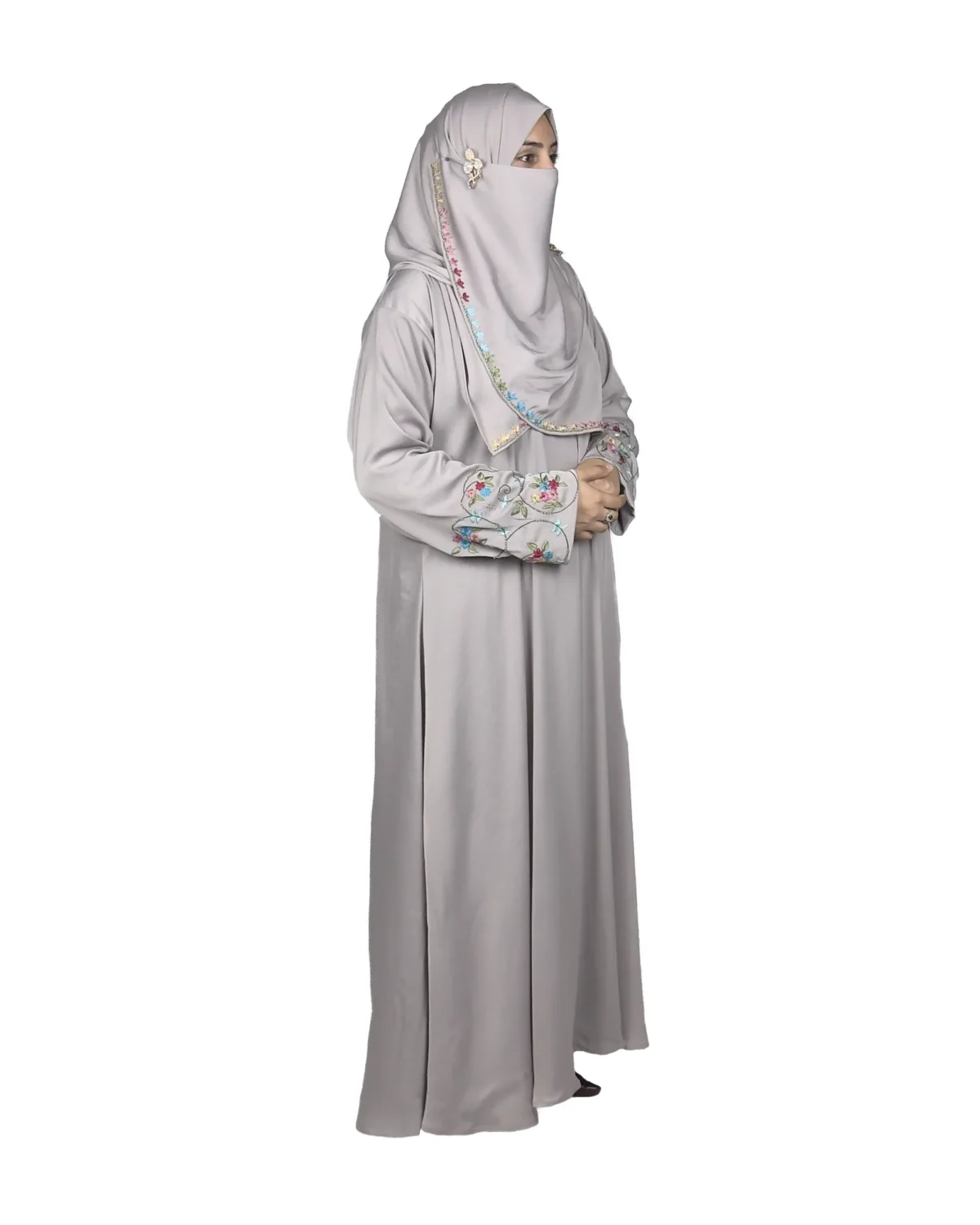 Silver Garden light silver-grey abaya side profile view with multicolour floral vine embroidery