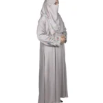 Silver Garden light silver-grey abaya side profile view with multicolour floral vine embroidery