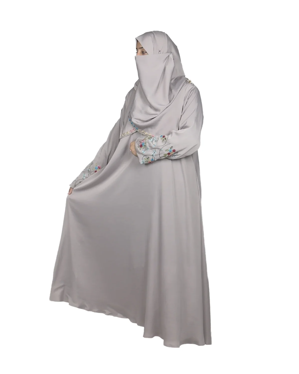 Silver Garden light silver-grey abaya front three-quarter view with multicolour floral vine embroidery