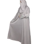 Silver Garden light silver-grey abaya front three-quarter view with multicolour floral vine embroidery