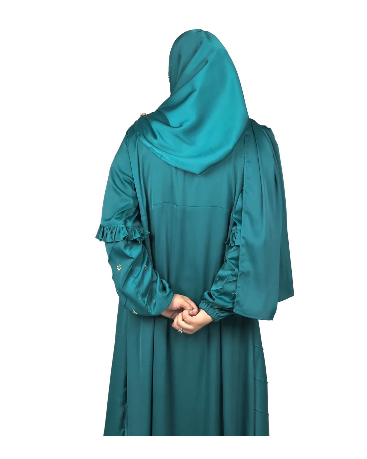 Teal Wave peacock teal abaya back view with ruffled tiered sleeves and scattered gold flowers