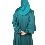 Teal Wave peacock teal abaya back view with ruffled tiered sleeves and scattered gold flowers