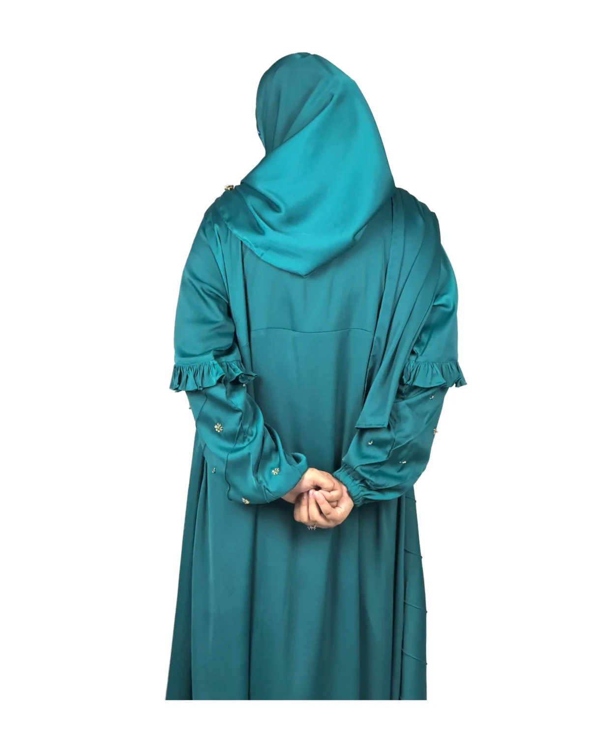 Teal Wave peacock teal abaya back view with ruffled tiered sleeves and scattered gold flowers