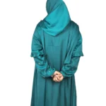 Teal Wave peacock teal abaya back view with ruffled tiered sleeves and scattered gold flowers