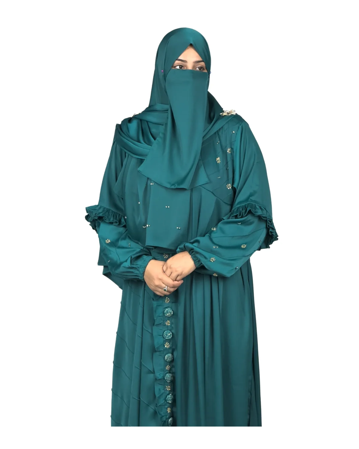 Teal Wave peacock teal abaya front view with ruffled tiered sleeves and scattered gold flowers