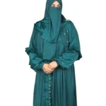 Teal Wave peacock teal abaya front view with ruffled tiered sleeves and scattered gold flowers