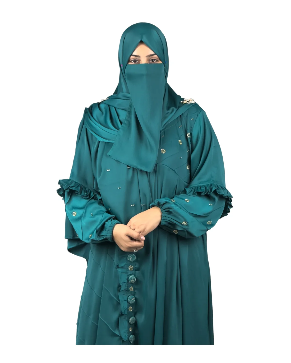 Teal Wave peacock teal abaya front view with ruffled tiered sleeves and scattered gold flowers