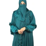 Teal Wave peacock teal abaya front view with ruffled tiered sleeves and scattered gold flowers