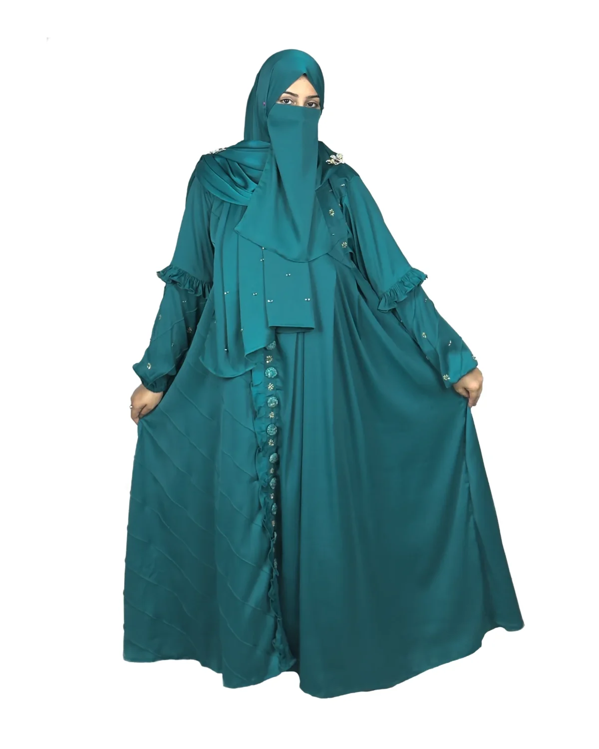 Teal Wave peacock teal abaya front view with ruffled tiered sleeves and scattered gold flowers