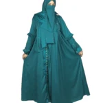 Teal Wave peacock teal abaya front view with ruffled tiered sleeves and scattered gold flowers