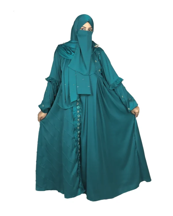 Teal Wave peacock teal abaya front view with ruffled tiered sleeves and scattered gold flowers