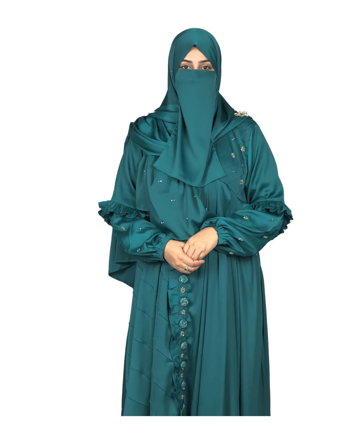 Teal Wave peacock teal abaya front view with ruffled tiered sleeves and scattered gold flowers