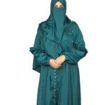 Teal Wave peacock teal abaya front view with ruffled tiered sleeves and scattered gold flowers