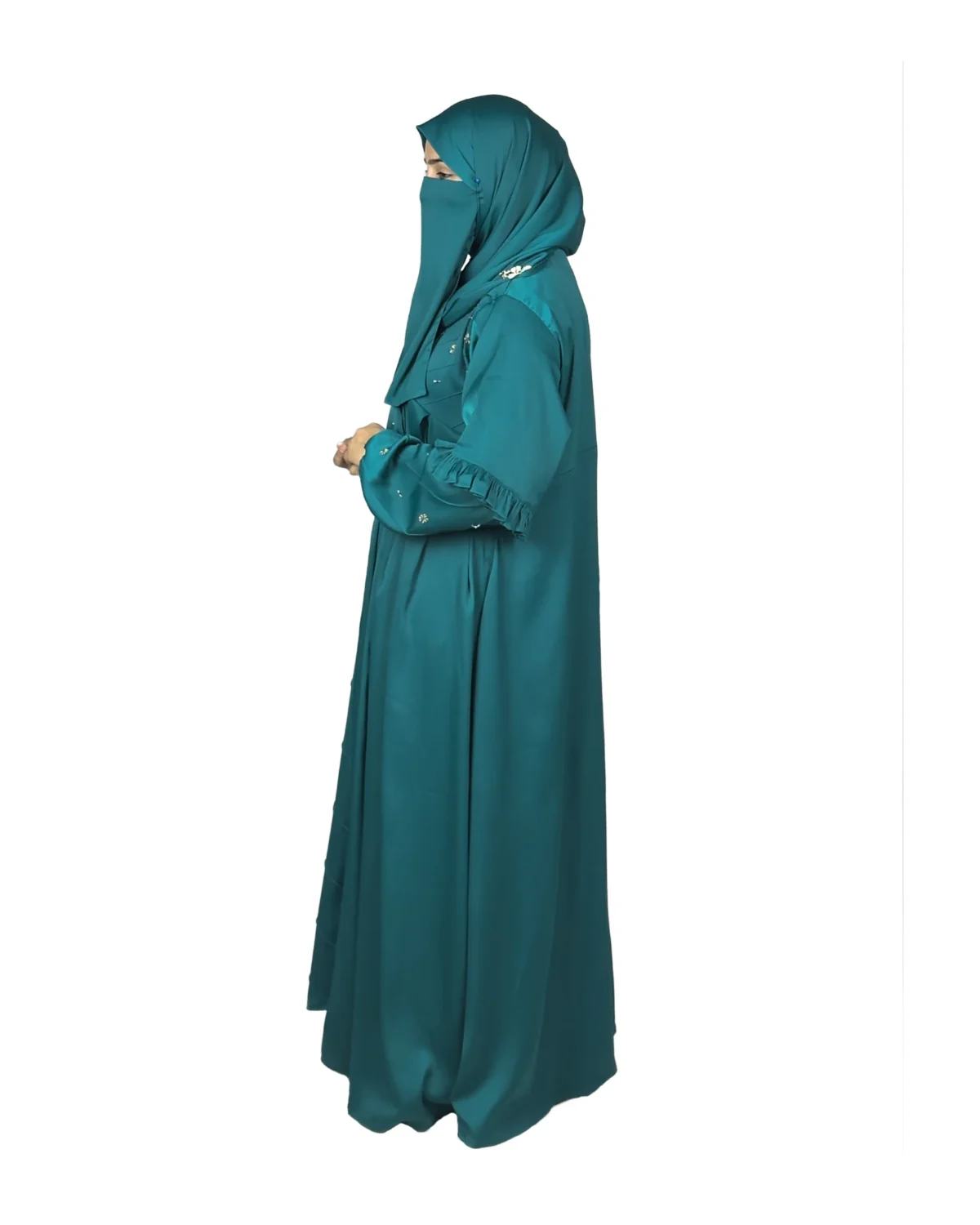 Teal Wave peacock teal abaya side profile view with ruffled tiered sleeves and scattered gold flowers
