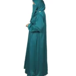 Teal Wave peacock teal abaya side profile view with ruffled tiered sleeves and scattered gold flowers