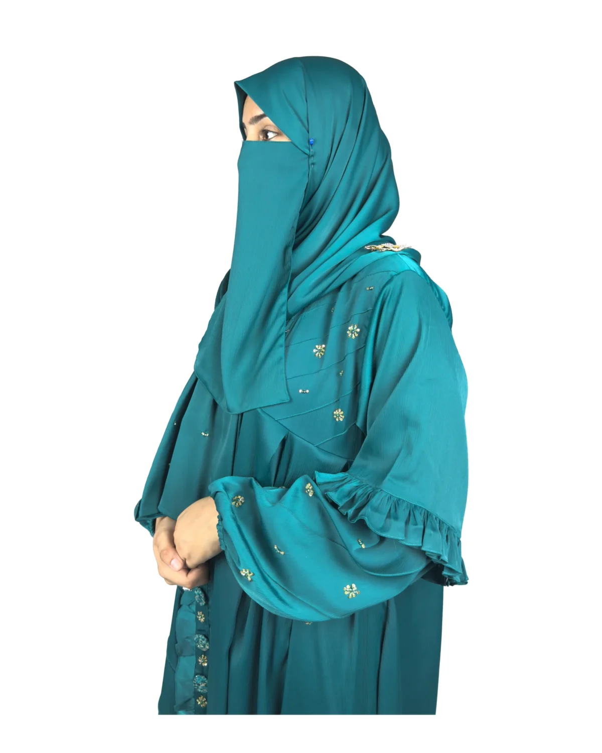 Teal Wave peacock teal abaya front three-quarter view with ruffled tiered sleeves and scattered gold flowers