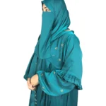 Teal Wave peacock teal abaya front three-quarter view with ruffled tiered sleeves and scattered gold flowers