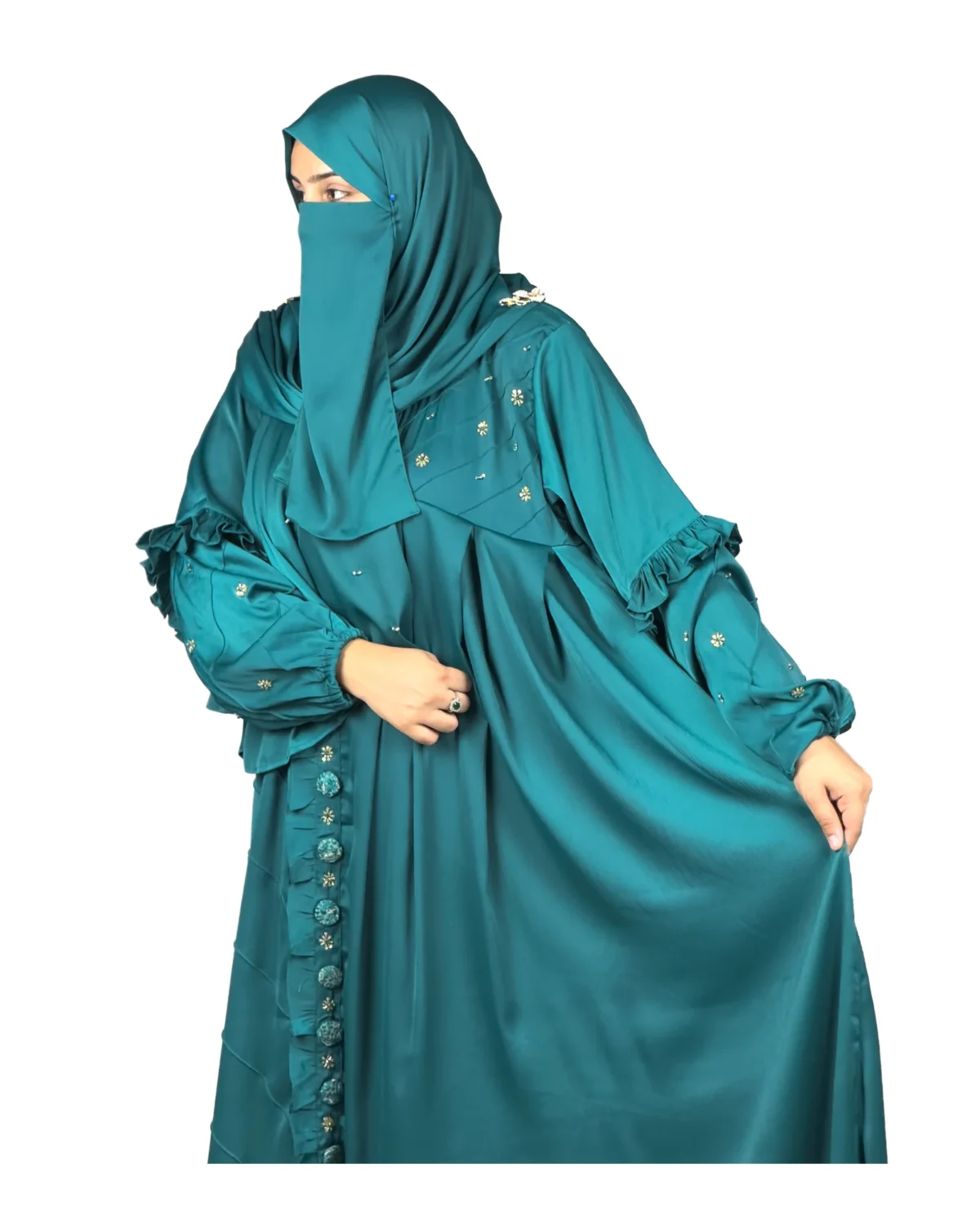 Teal Wave peacock teal abaya front three-quarter view with ruffled tiered sleeves and scattered gold flowers