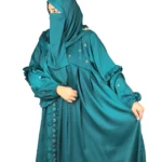 Teal Wave peacock teal abaya front three-quarter view with ruffled tiered sleeves and scattered gold flowers