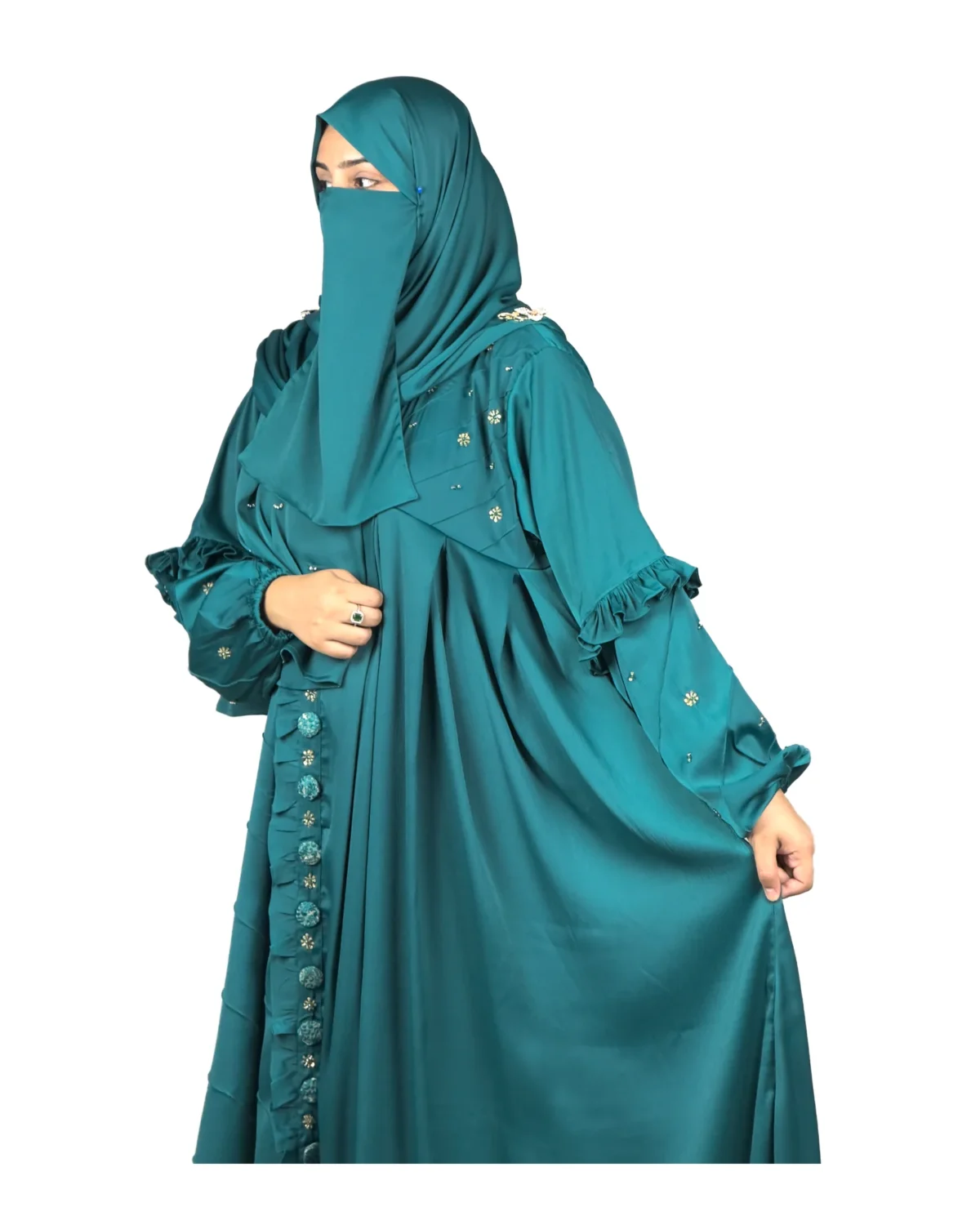Teal Wave peacock teal abaya front three-quarter view with ruffled tiered sleeves and scattered gold flowers
