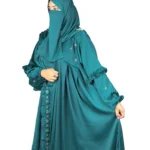 Teal Wave peacock teal abaya front three-quarter view with ruffled tiered sleeves and scattered gold flowers