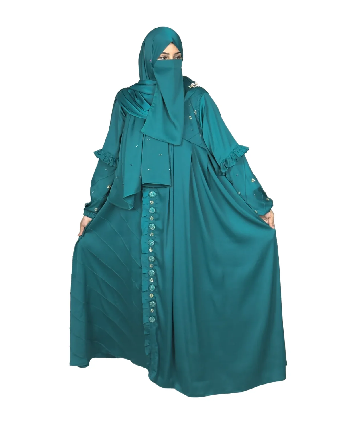 Teal Wave peacock teal abaya front three-quarter view with ruffled tiered sleeves and scattered gold flowers