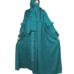 Teal Wave peacock teal abaya front three-quarter view with ruffled tiered sleeves and scattered gold flowers