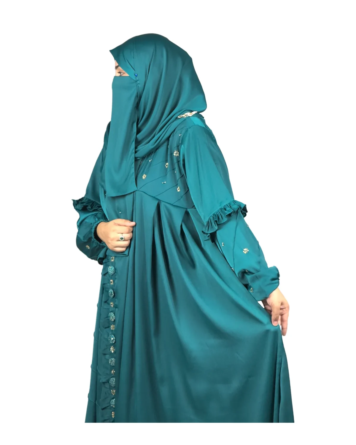 Teal Wave peacock teal abaya front three-quarter view with ruffled tiered sleeves and scattered gold flowers